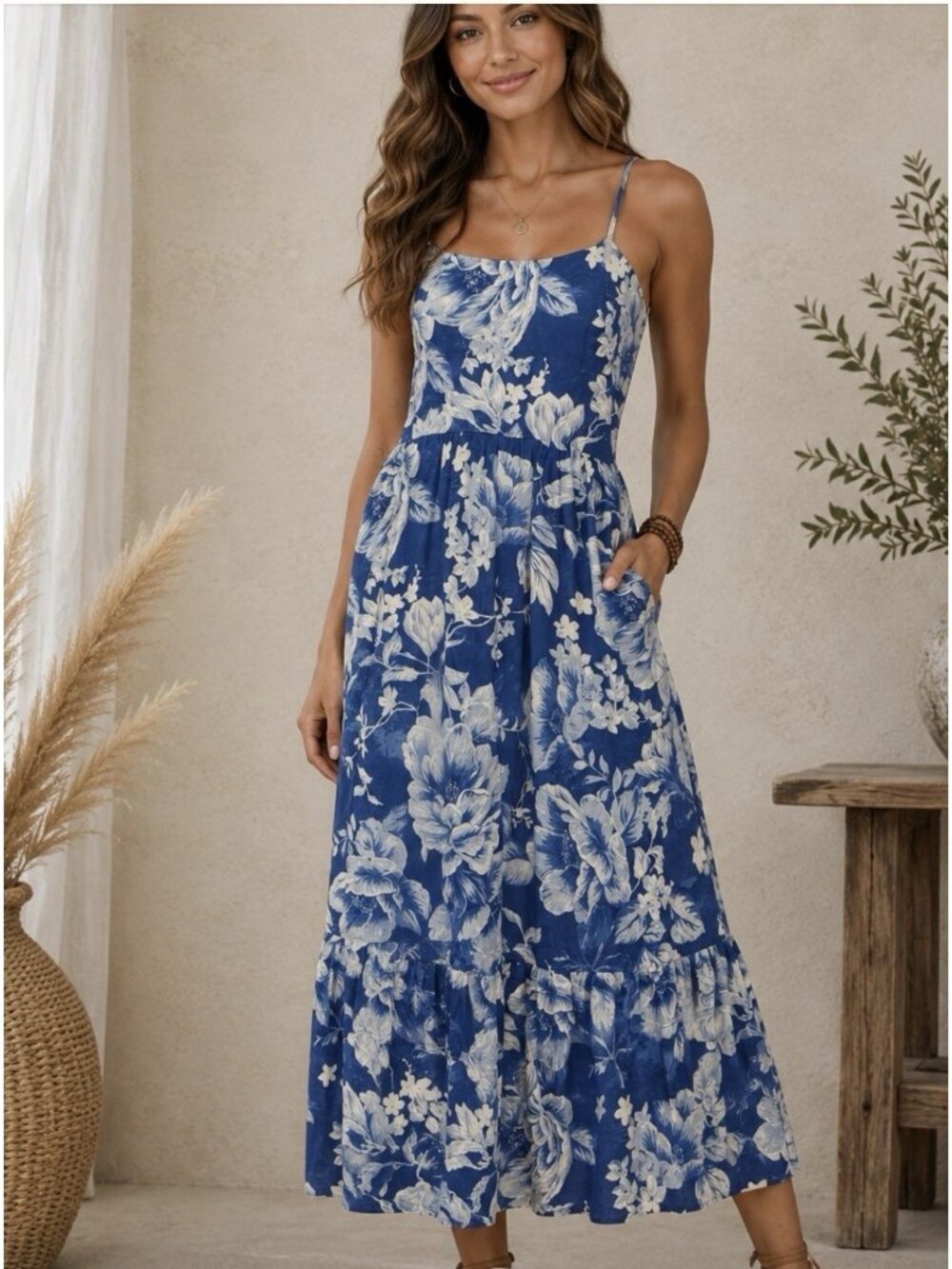 Joie Dress Size 10 Cotton Maxi Blue White Floral Print Tiered Sundress NWOT